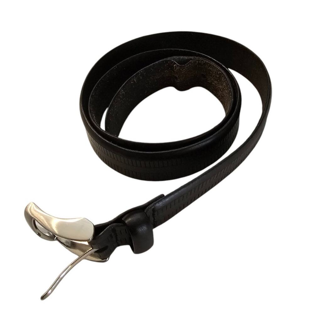 Vintage Mens Sz 38 Classic Black Leather Belt w/ Brushed Silver Buckle
